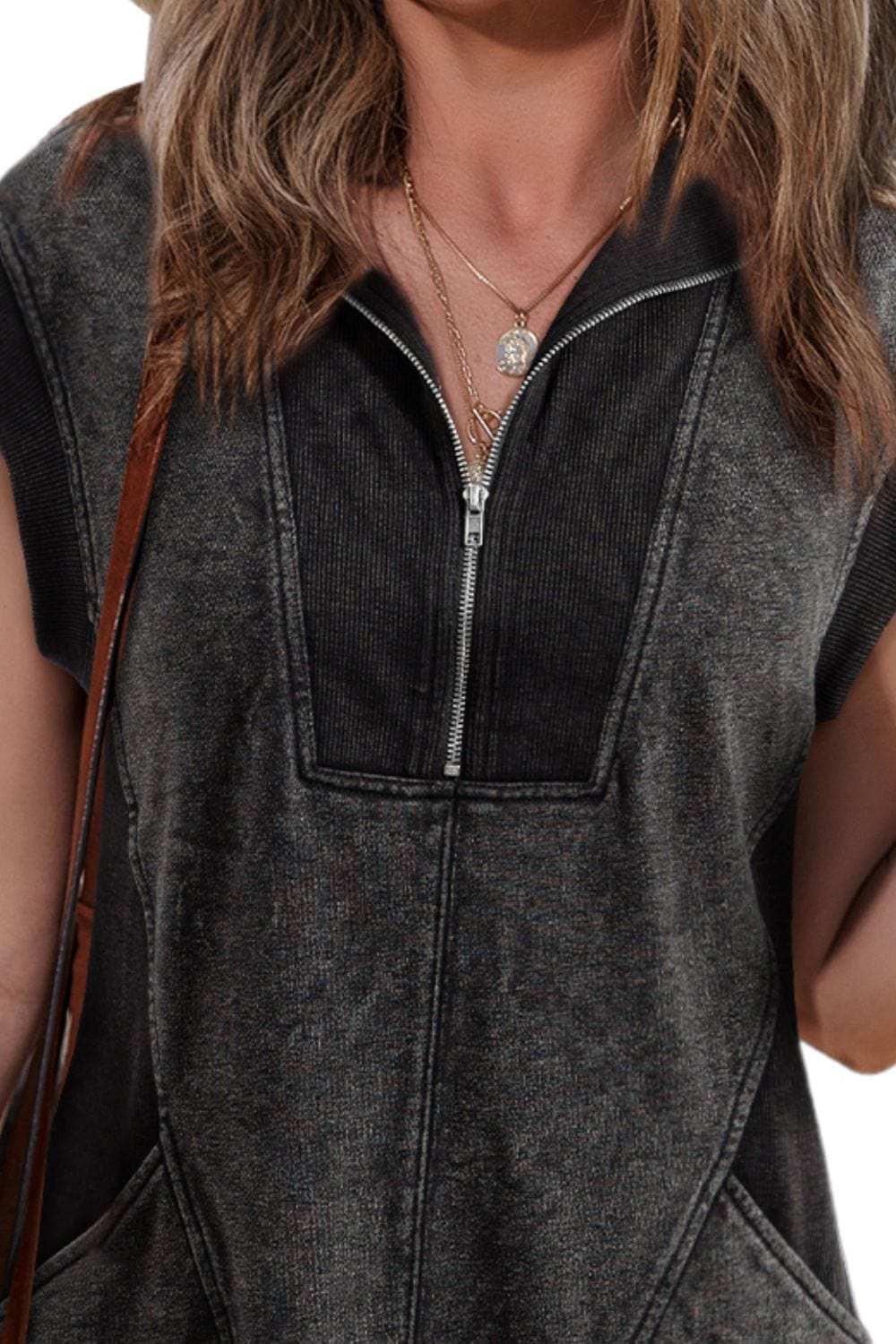 Half Zip Cap Sleeve Mini Dress - Trendsi - Flyclothing LLC