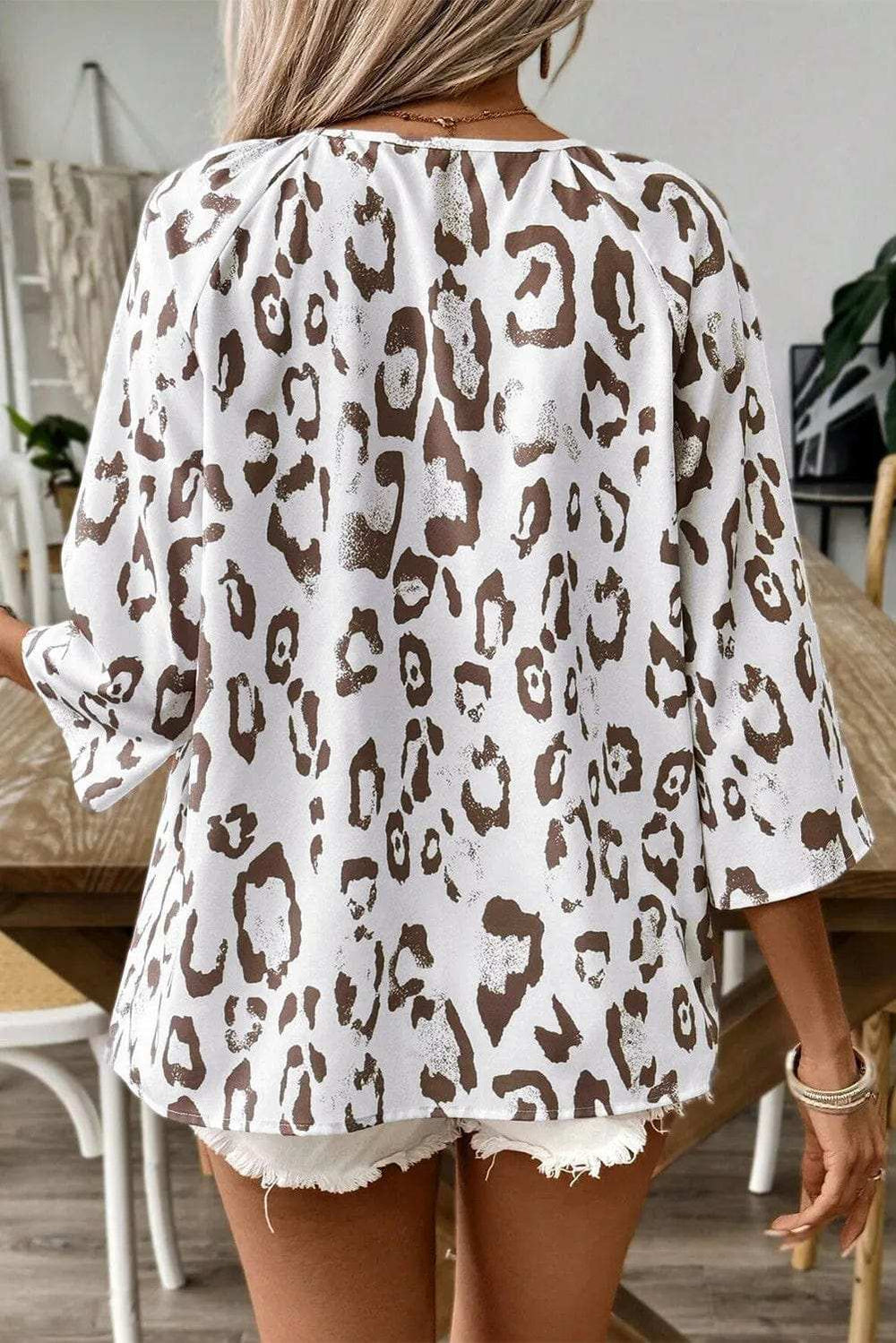 Leopard V-Neck Three-Quarter Sleeve Blouse - Trendsi - Flyclothing LLC