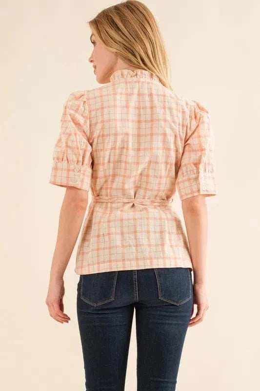 And The Why Plaid Patterned and Ruffled Wrap Blouse Top - Trendsi - Flyclothing LLC