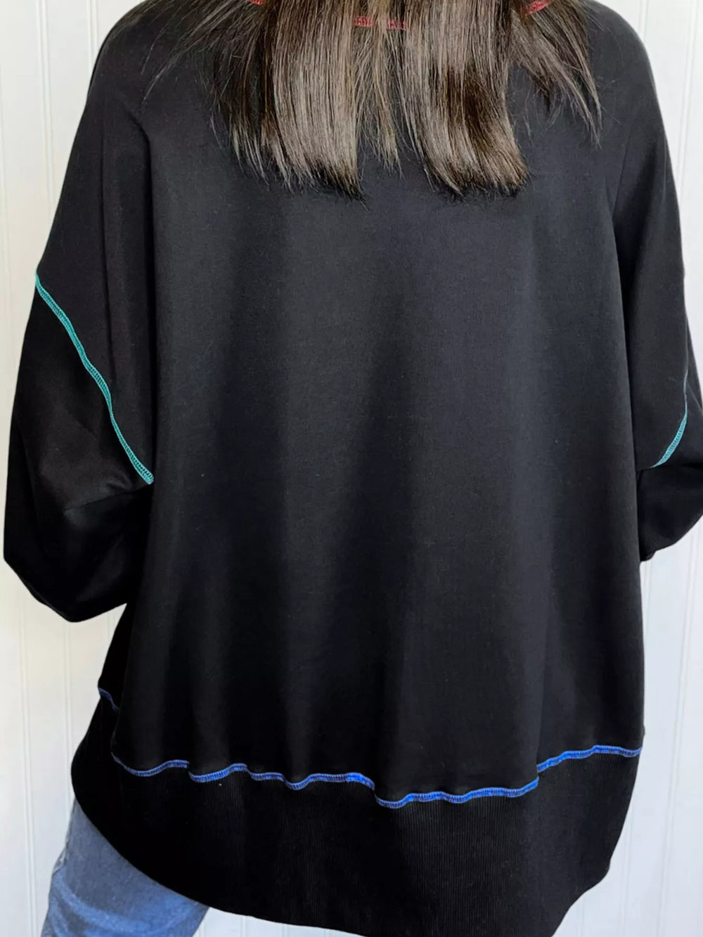 Sequin Joy Letter Graphic Contrast Seam Detail Drop Shoulder Sweatshirt - Trendsi - Flyclothing LLC
