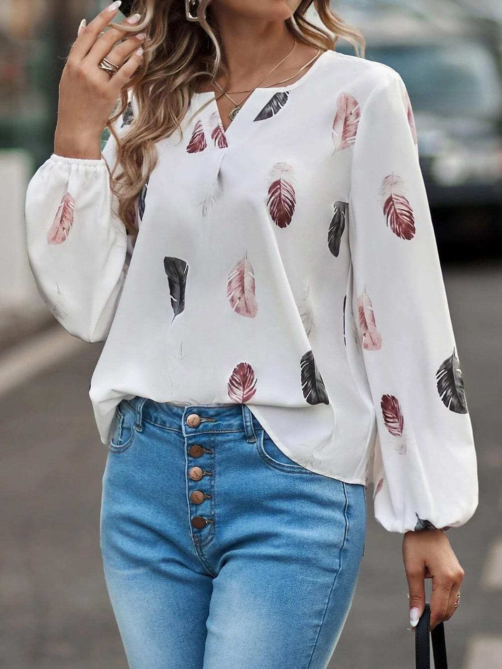 Feather Print Notched Balloon Sleeve Top - Trendsi - Flyclothing LLC
