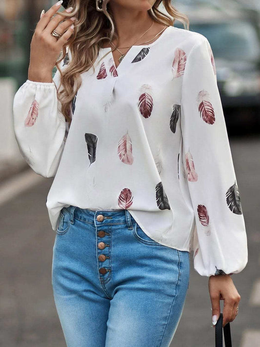Feather Print Notched Balloon Sleeve Top - Trendsi - Flyclothing LLC