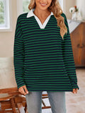 Striped Johnny Collar Long Sleeve T-Shirt - Trendsi - Flyclothing LLC