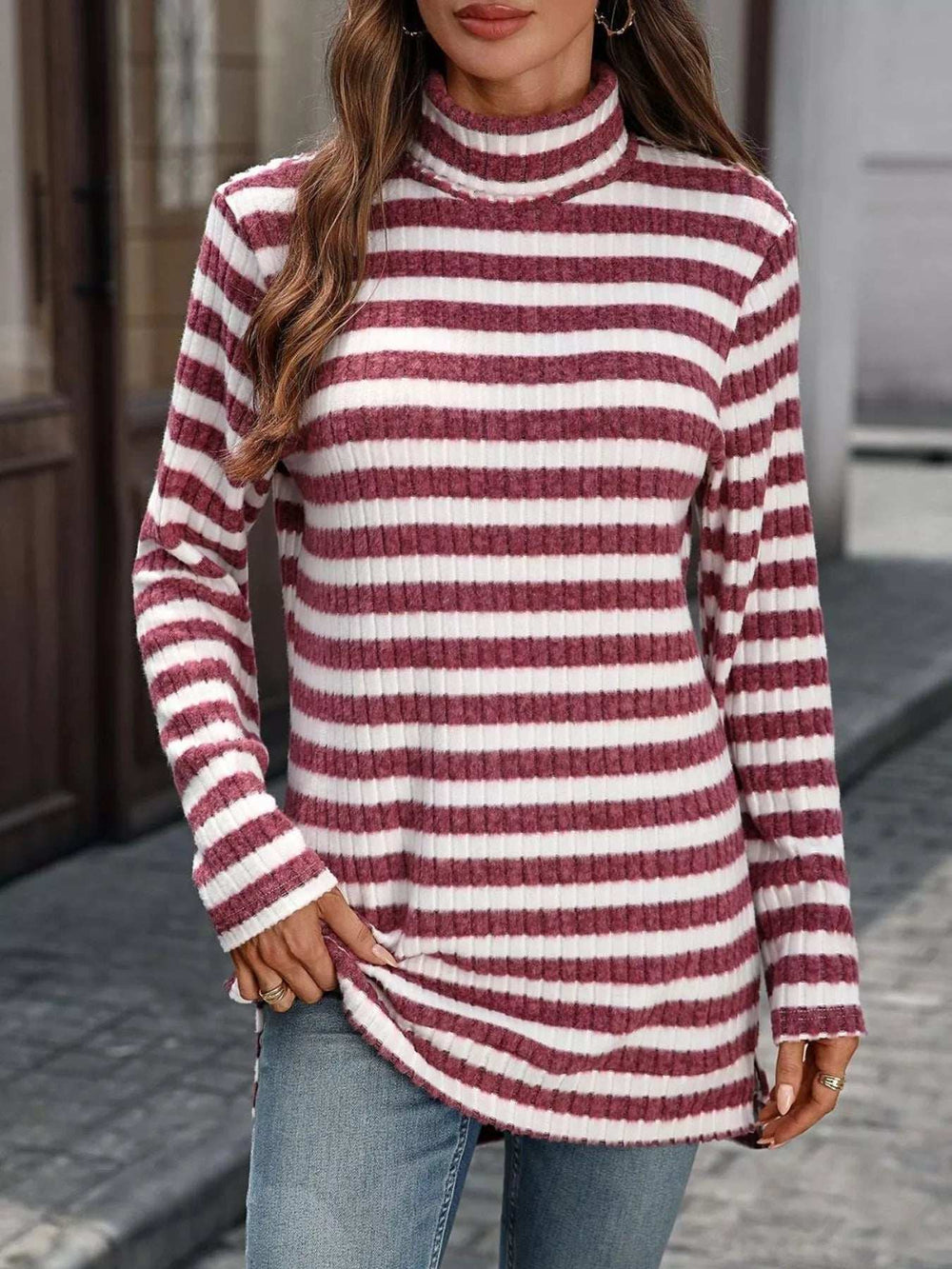 Striped Turtleneck Long Sleeve Knit Top - Trendsi - Flyclothing LLC