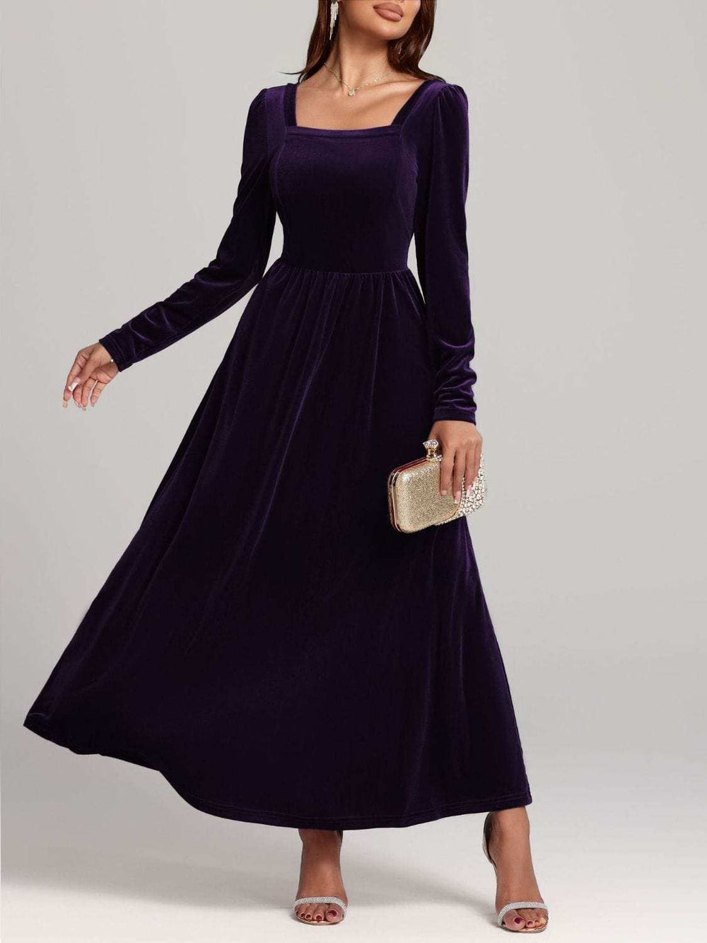 Velvet Square Neck Long Sleeve Dress - Trendsi - Flyclothing LLC