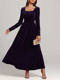 Velvet Square Neck Long Sleeve Dress - Trendsi - Flyclothing LLC