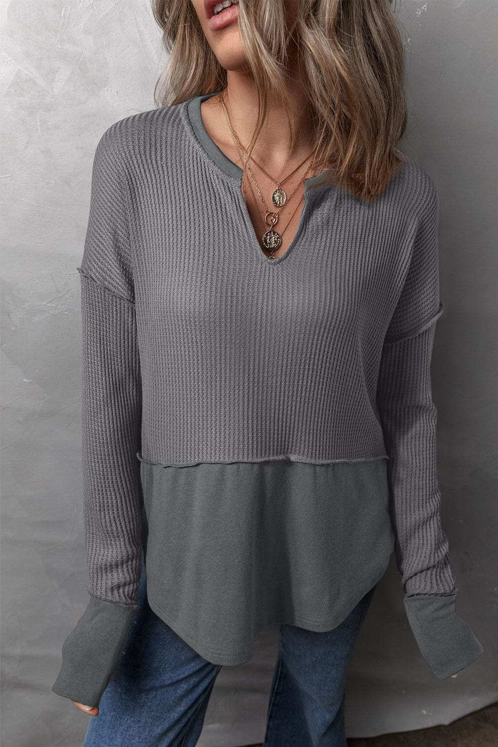 Waffle-Knit Exposed Seam Notched Long Sleeve Top - Trendsi - Flyclothing LLC