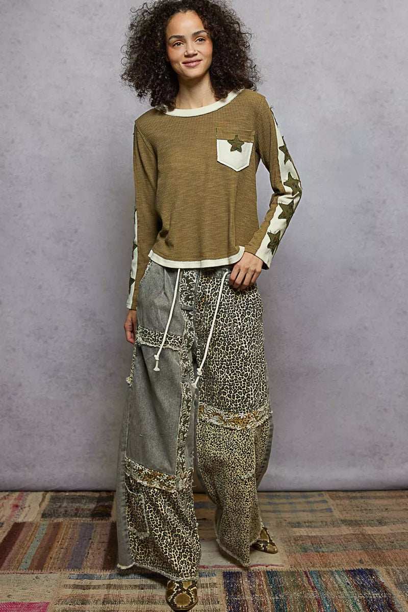 POL Round Neck Long Sleever T-Shirt with Star Patch - Trendsi - Flyclothing LLC