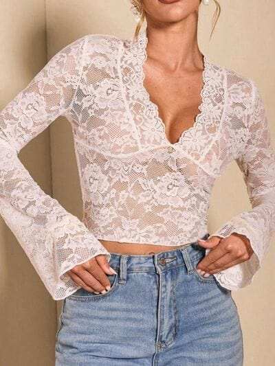 V-Neck Flare Sleeve Lace Top - Trendsi - Flyclothing LLC