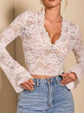 V-Neck Flare Sleeve Lace Top - Trendsi - Flyclothing LLC
