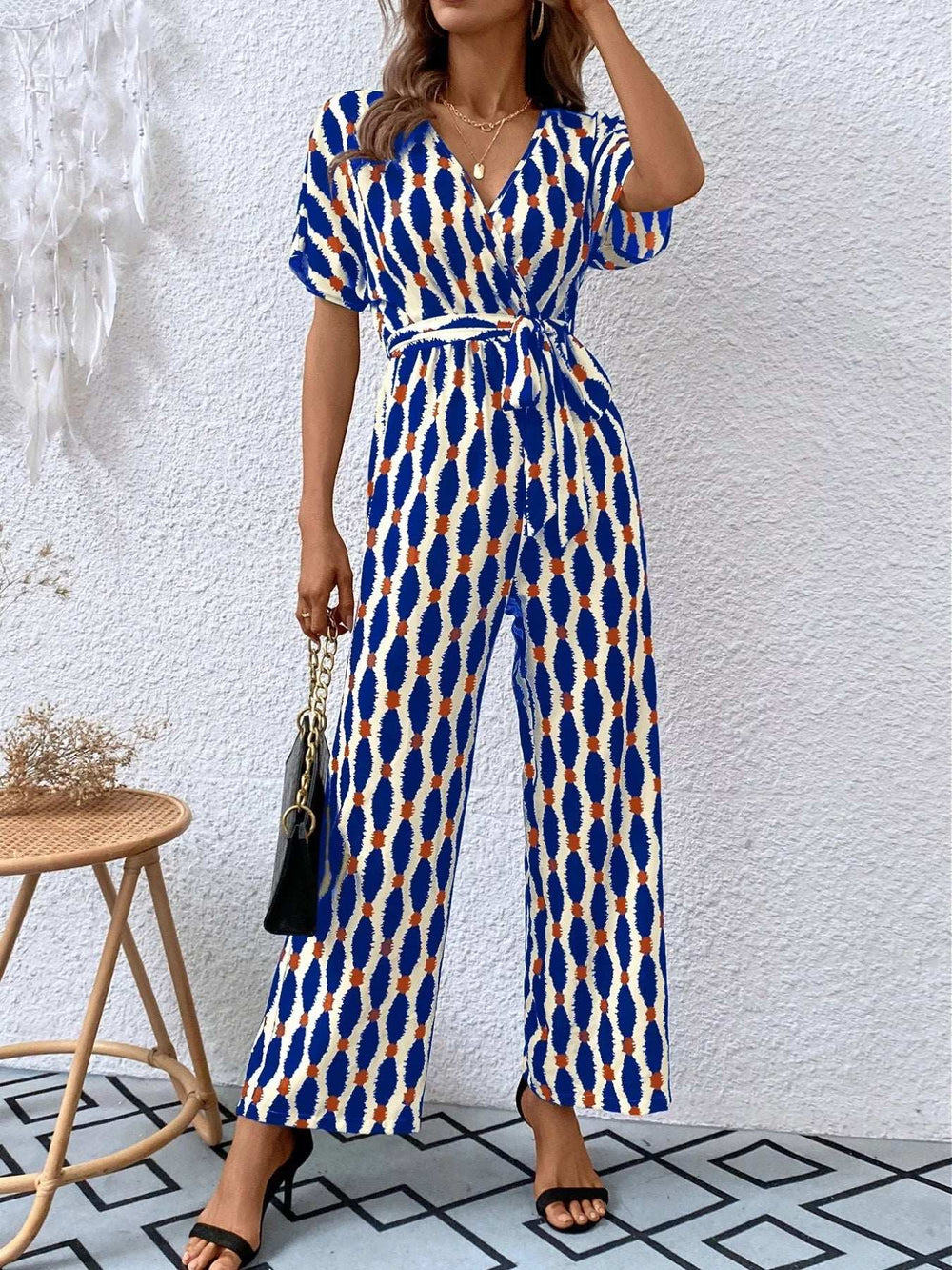 Printed Surplice Tie Waist Short Sleeve Jumpsuit - Trendsi - Flyclothing LLC