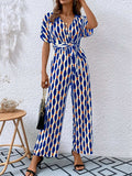 Printed Surplice Tie Waist Short Sleeve Jumpsuit - Trendsi - Flyclothing LLC