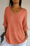 V-Neck Three-Quarter Sleeve Knit Top - Trendsi - Flyclothing LLC