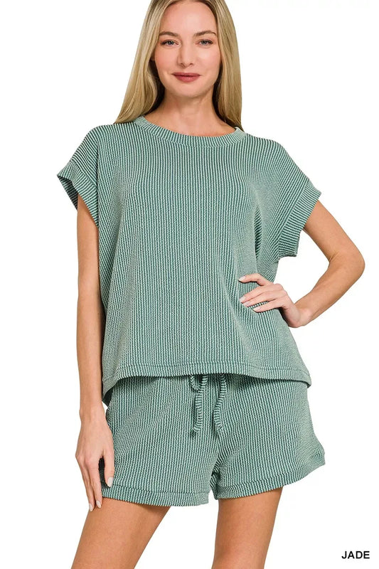 Zenana Raised Rib Cap Sleeve Top & Shorts Set - Trendsi - Flyclothing LLC