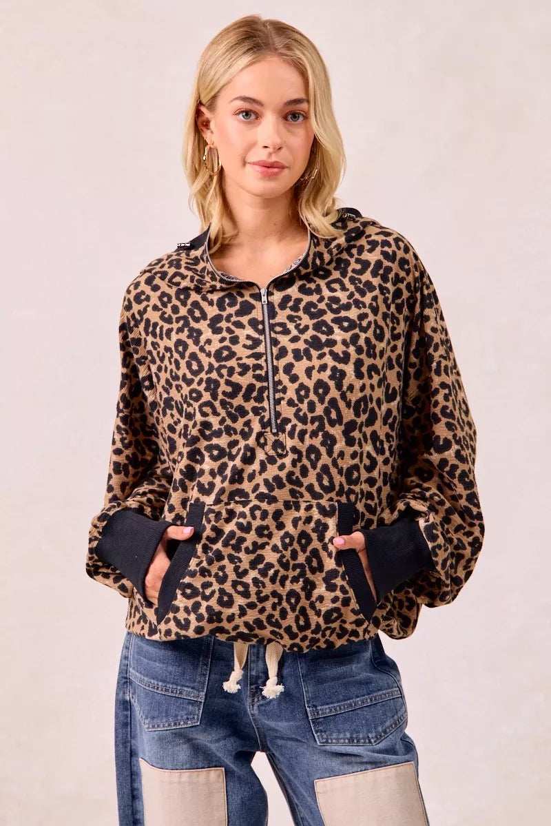 BiBi Leopard Print Waffle Half Zip Up Hoodie W Pocket - Trendsi - Flyclothing LLC