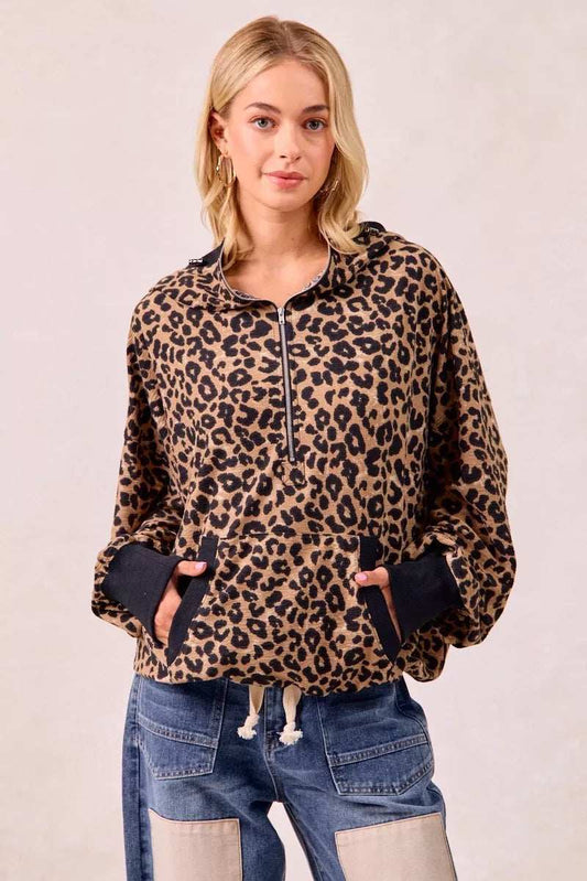 BiBi Leopard Print Waffle Half Zip Up Hoodie W Pocket - Trendsi - Flyclothing LLC