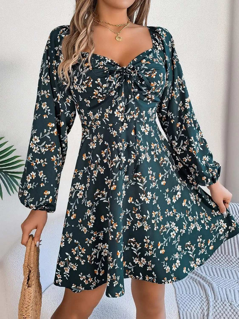 Printed Sweetheart Neck Balloon Sleeve Mini Dress - Trendsi - Flyclothing LLC