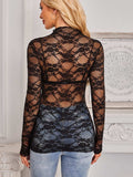 Mock Neck Long Sleeve Lace Sheer Top - Trendsi - Flyclothing LLC