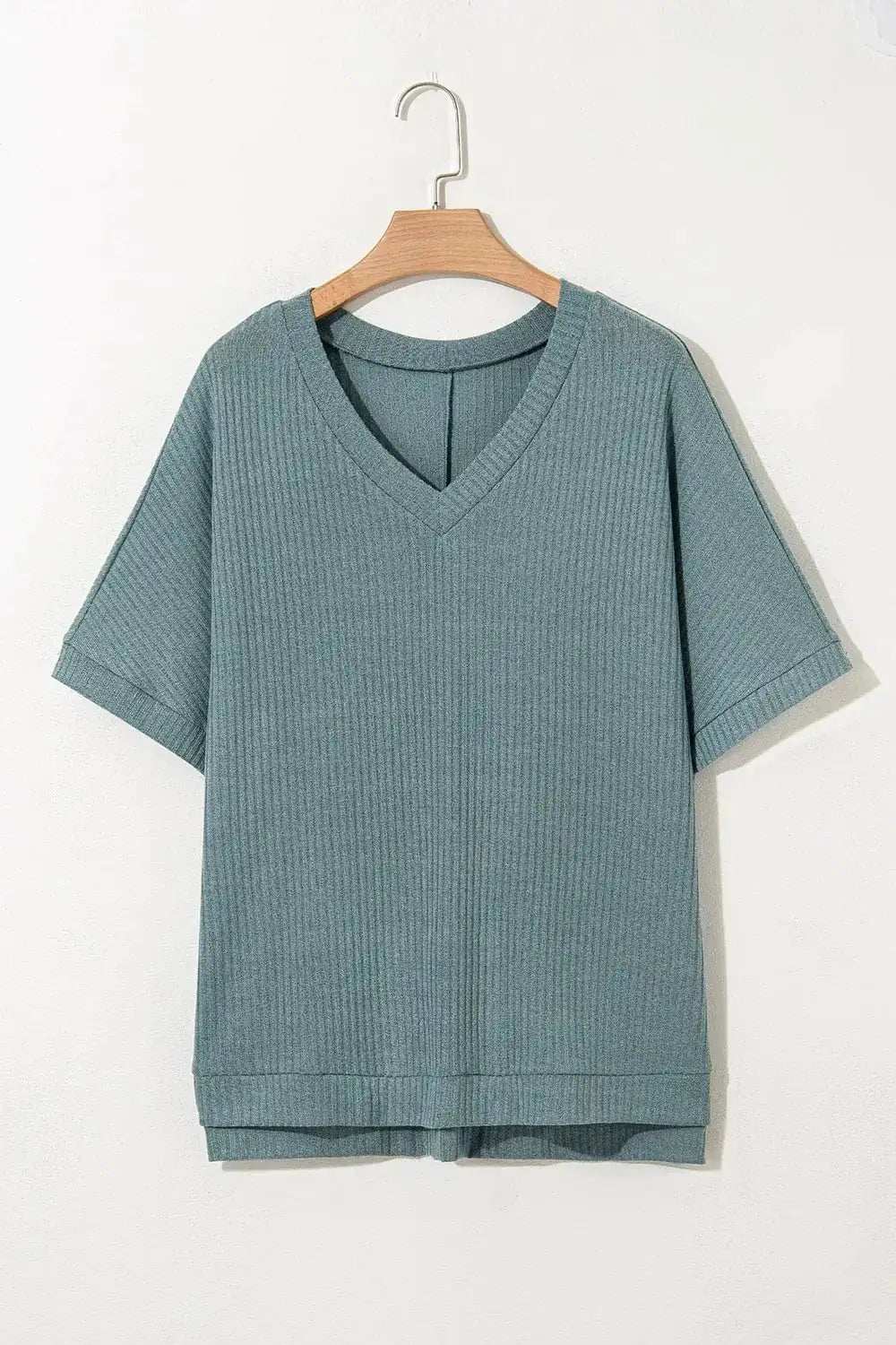 Oversized Ribbed Knit V Neck Dolman Short Sleeve Top - Trendsi - Flyclothing LLC