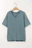Oversized Ribbed Knit V Neck Dolman Short Sleeve Top - Trendsi - Flyclothing LLC
