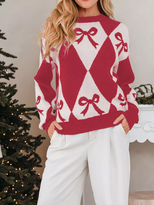 Bow Print 2-Tone Rhombus Knit Loose Sweater - Trendsi - Flyclothing LLC