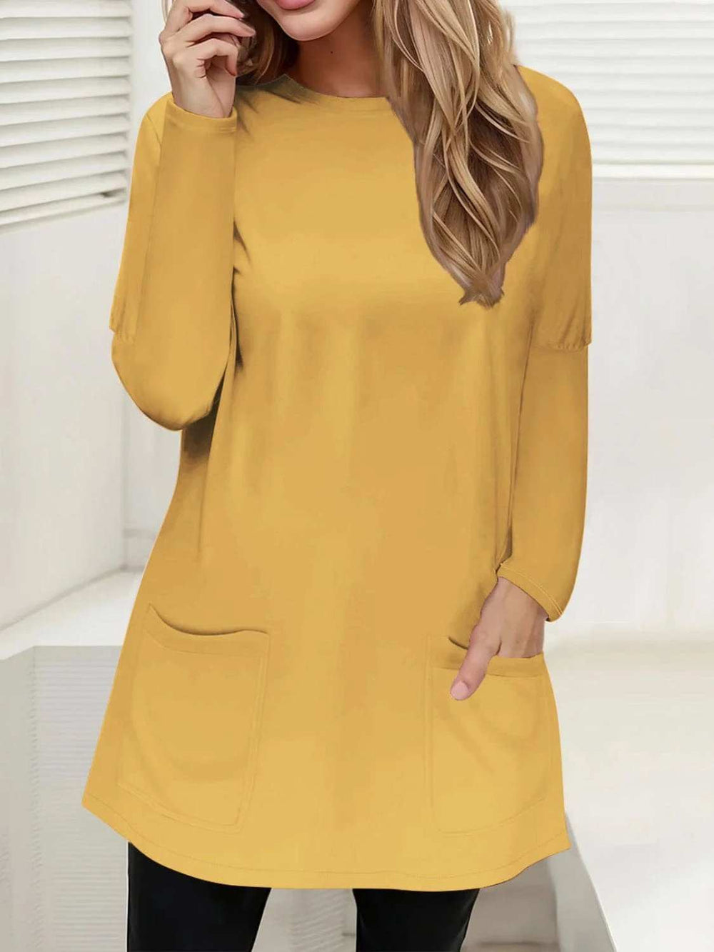 Full Size Pocketed Round Neck Long Sleeve T-Shirt - Trendsi - Flyclothing LLC