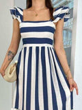 Smocked Striped Square Neck Cap Sleeve Dress - Trendsi - Flyclothing LLC