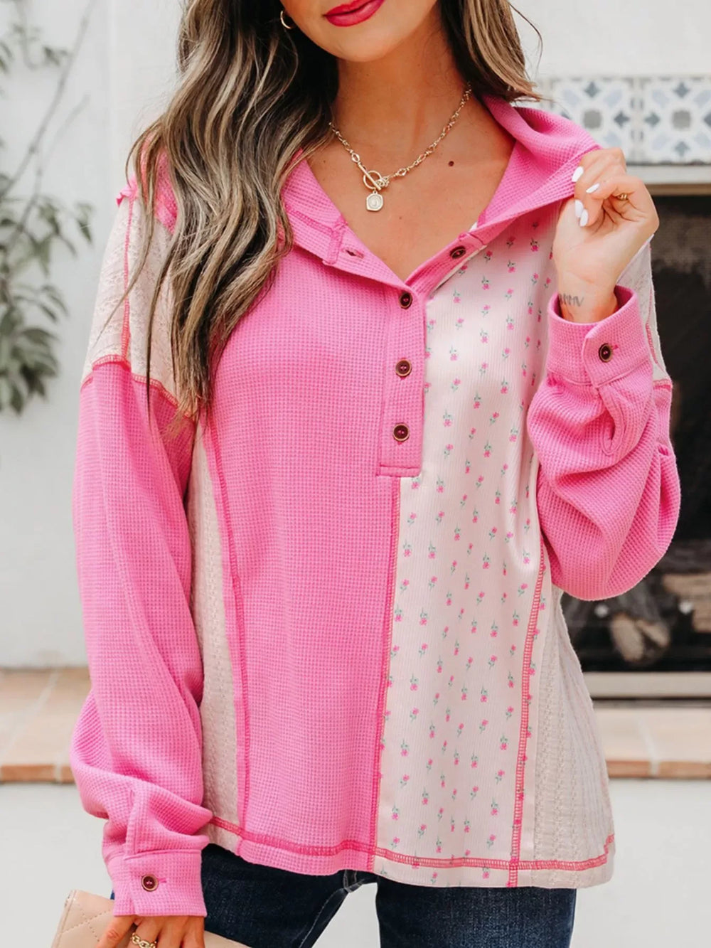 Mixed Texture Waffle Floral Patchwork Hooded Oversize Pullover - Trendsi - Flyclothing LLC