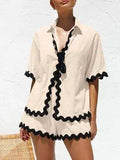 Contrast Trim Half Sleeve Top and Shorts Set - Trendsi - Flyclothing LLC