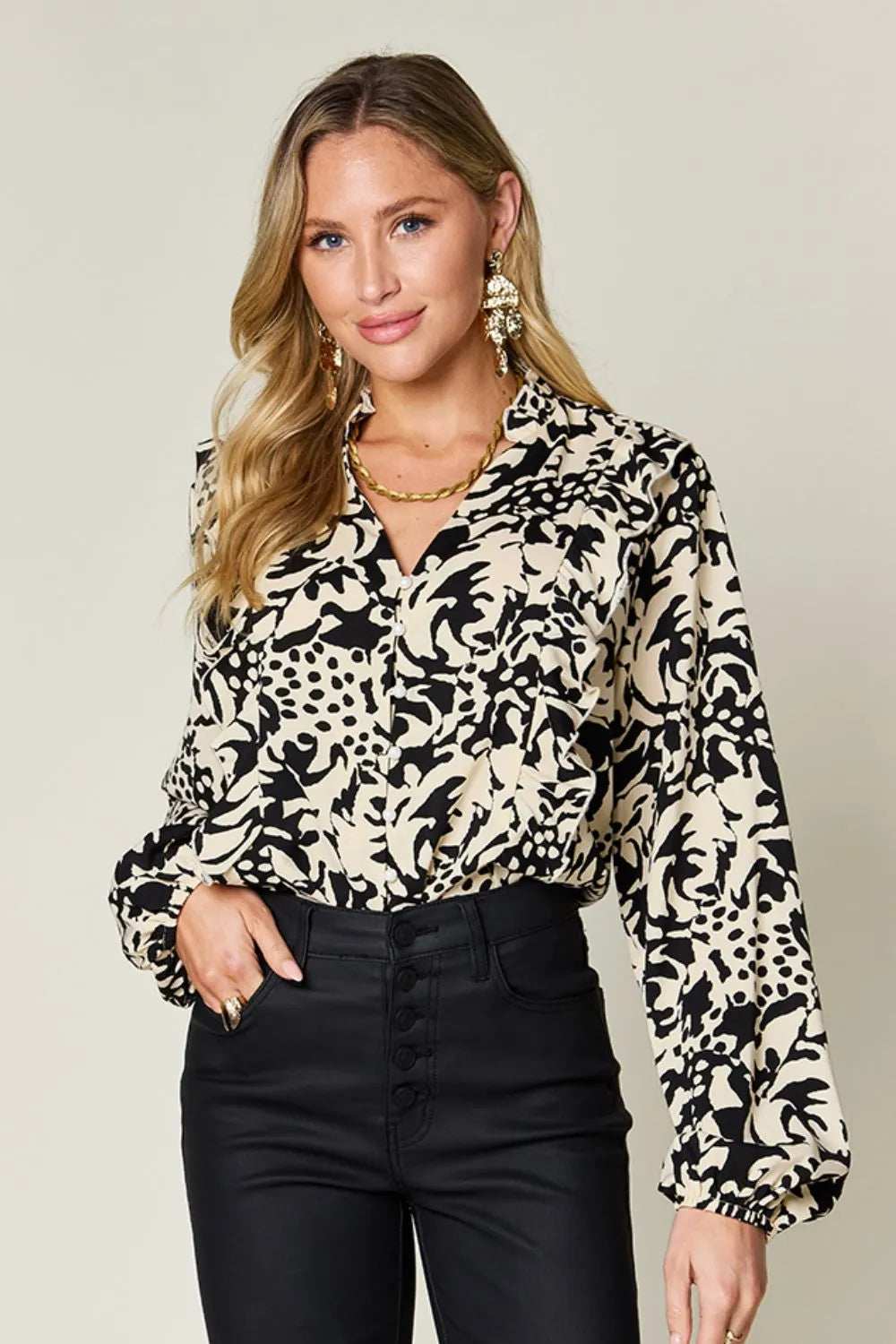 Double Take Full Size Printed Ruffle Trim Balloon Sleeve Shirt - Trendsi - Flyclothing LLC