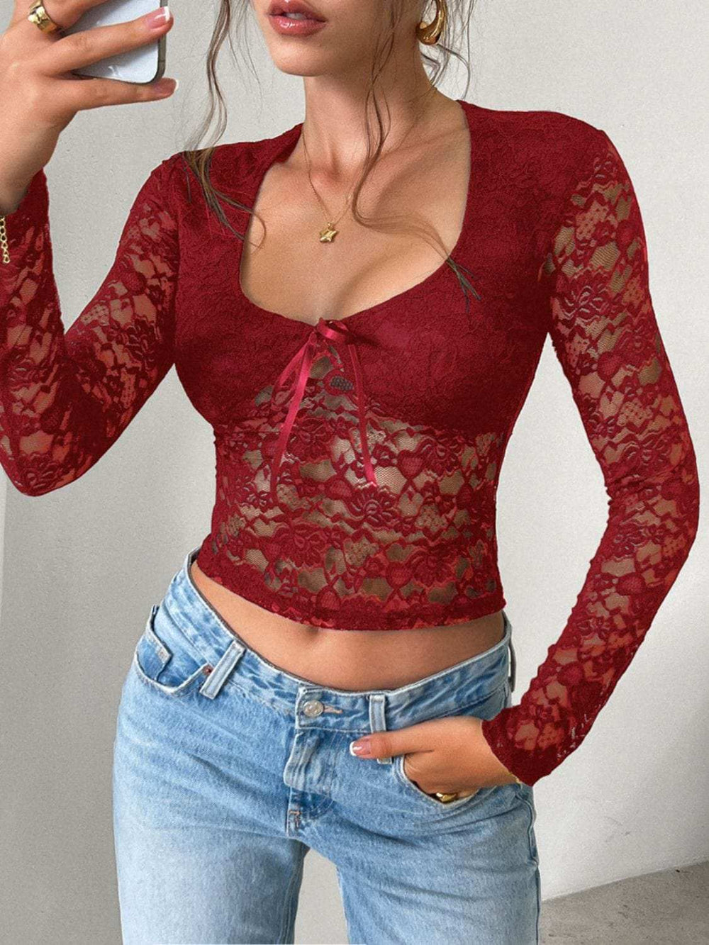 Devine Scoop Neck Long Sleeve Lace Top - Trendsi - Flyclothing LLC