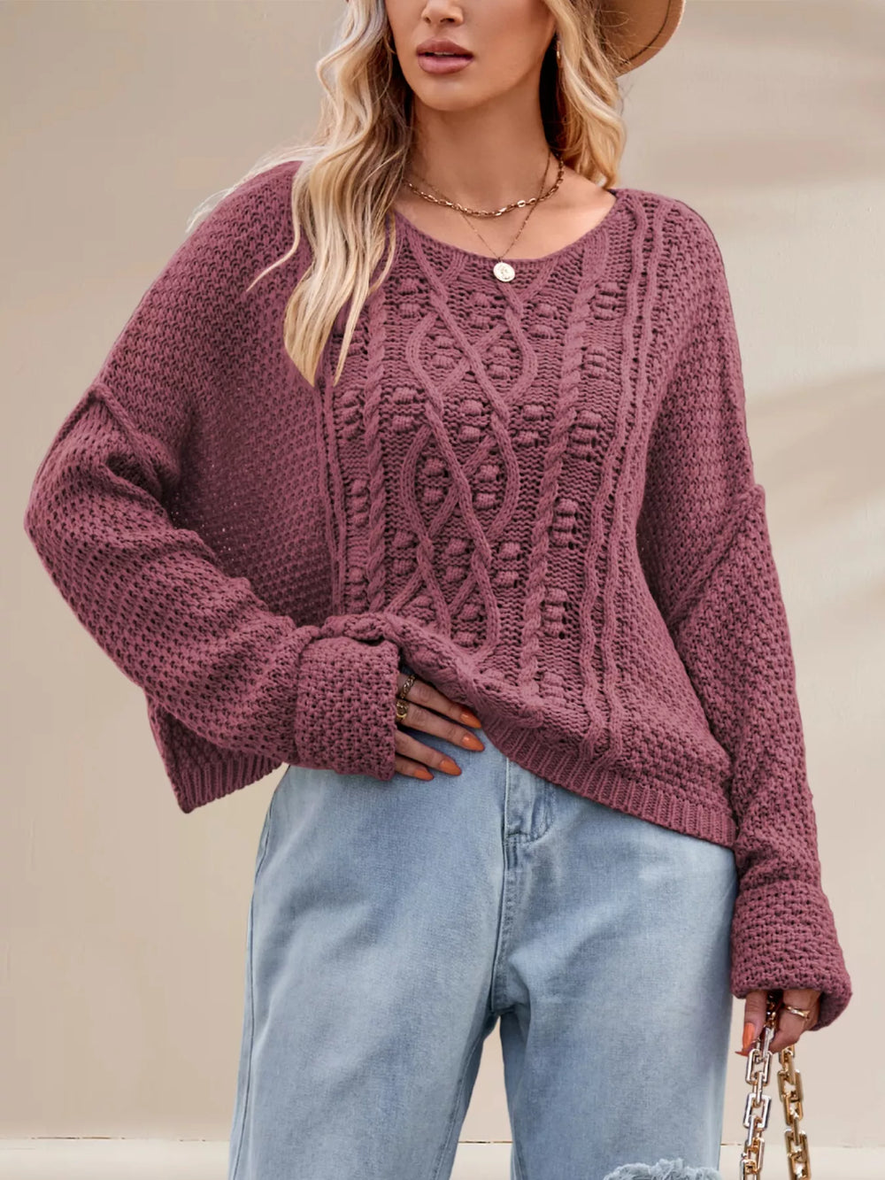 Textured Knit Round Neck Sweater - Trendsi - Flyclothing LLC