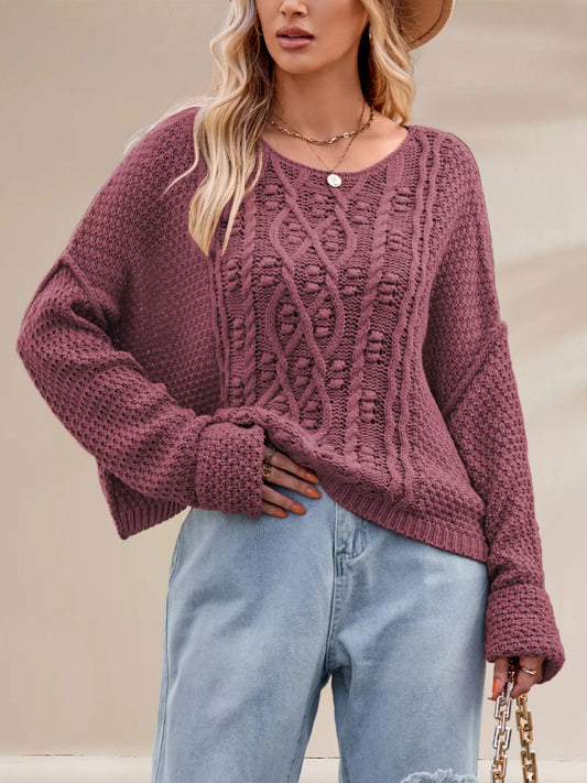 Textured Knit Round Neck Sweater - Trendsi - Flyclothing LLC