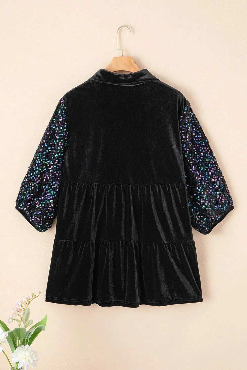Sequin Collared Neck Three-Quarter Sleeve Oversize Shirt - Trendsi - Flyclothing LLC