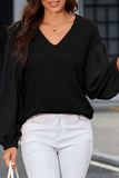 Waffle-Knit V-Neck Long Sleeve Blouse - Trendsi - Flyclothing LLC