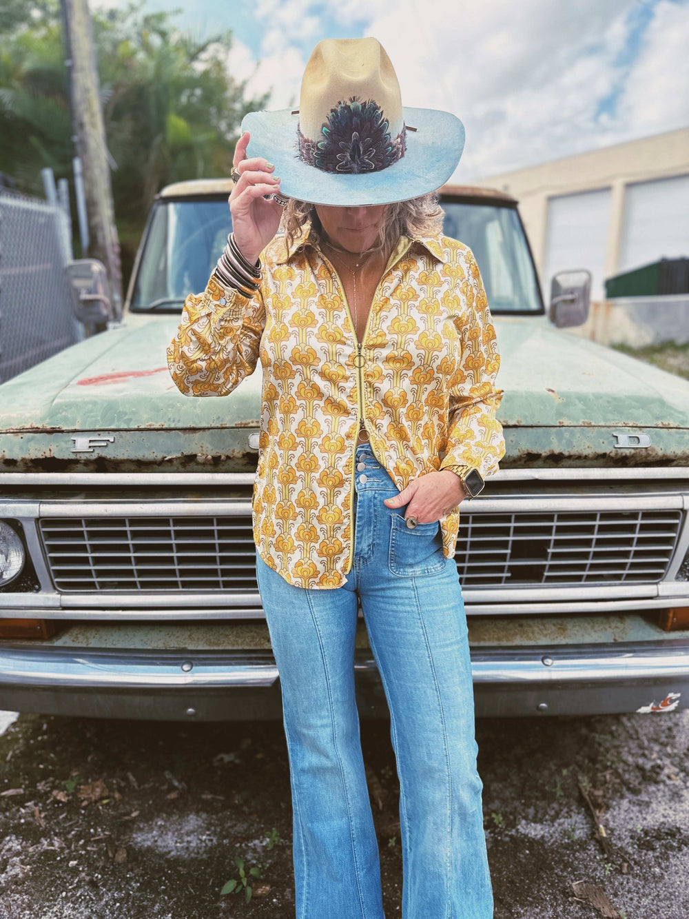 Streets Of Gold Golden Yellow Tulip Zipper Front Blouse - Lil Bee's Bohemian - Flyclothing LLC