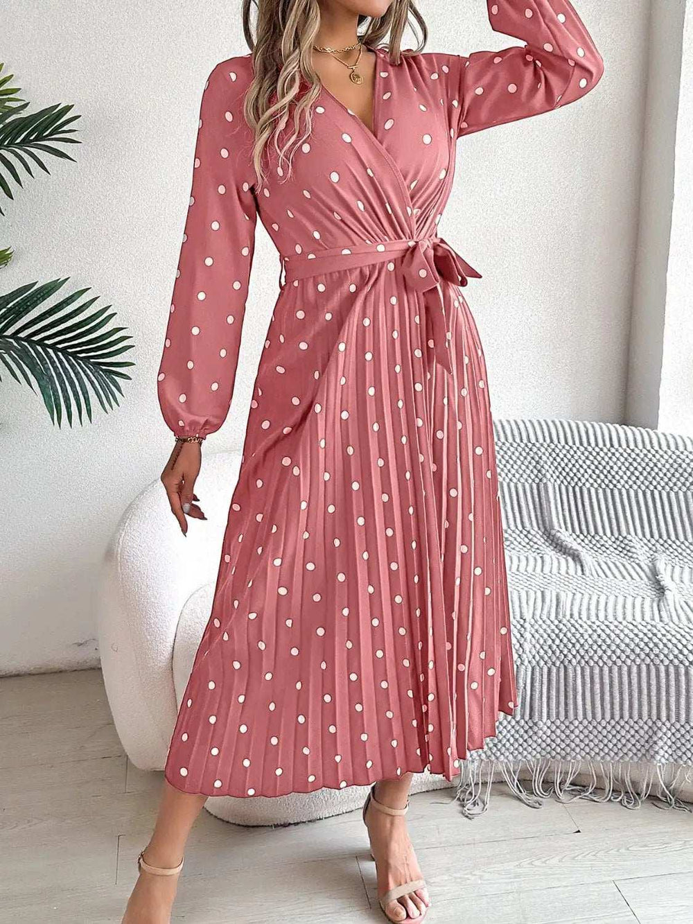 Tied Polka Dot Long Sleeve Midi Dress - Trendsi - Flyclothing LLC