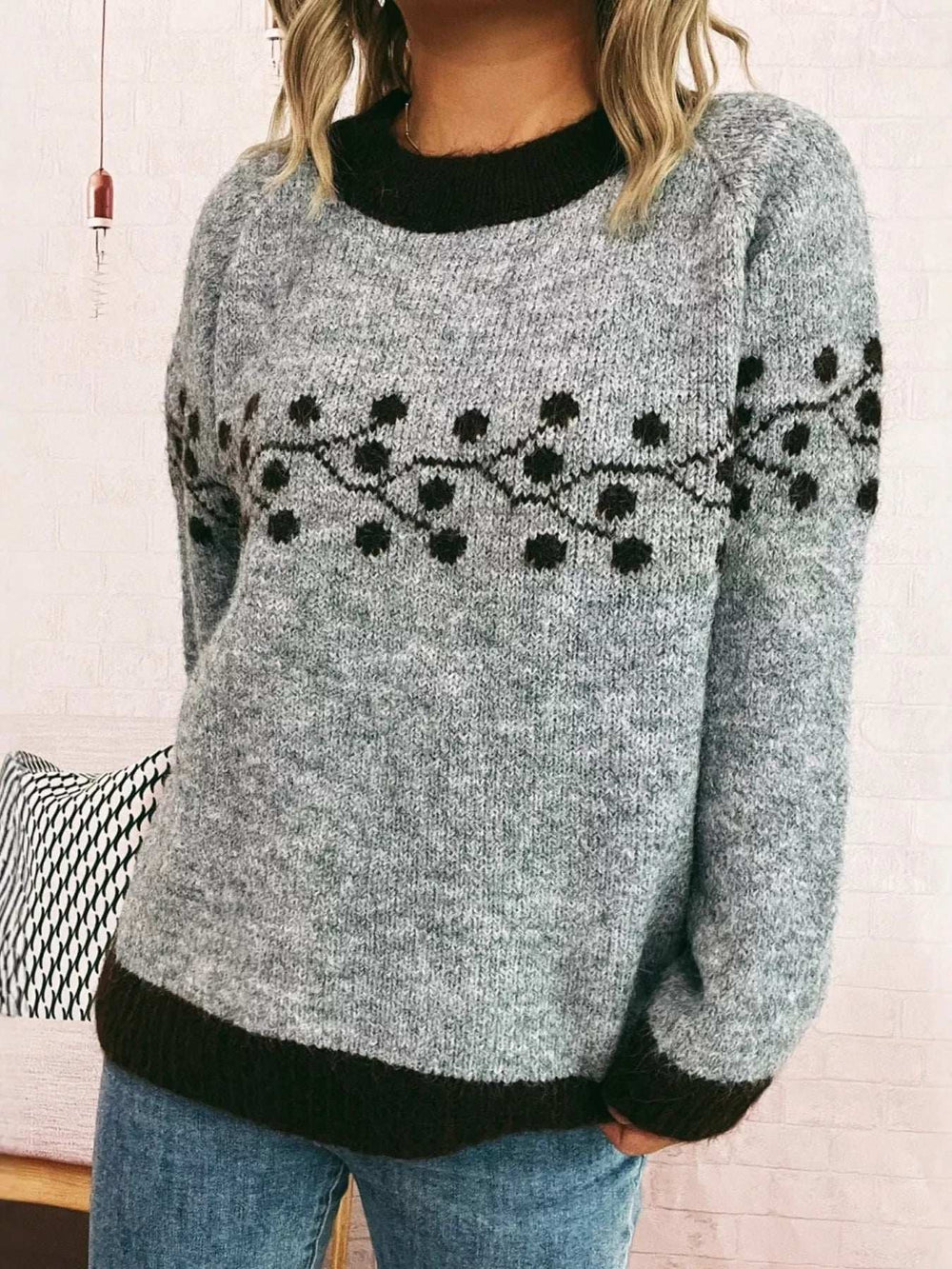 Contrast Hem Round Neck Sweater - Trendsi - Flyclothing LLC