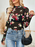 Floral Mock Neck Long Sleeve Top - Trendsi - Flyclothing LLC