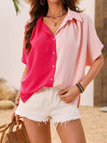 Contrast Collared Neck Short Sleeve Shirt - Trendsi - Flyclothing LLC