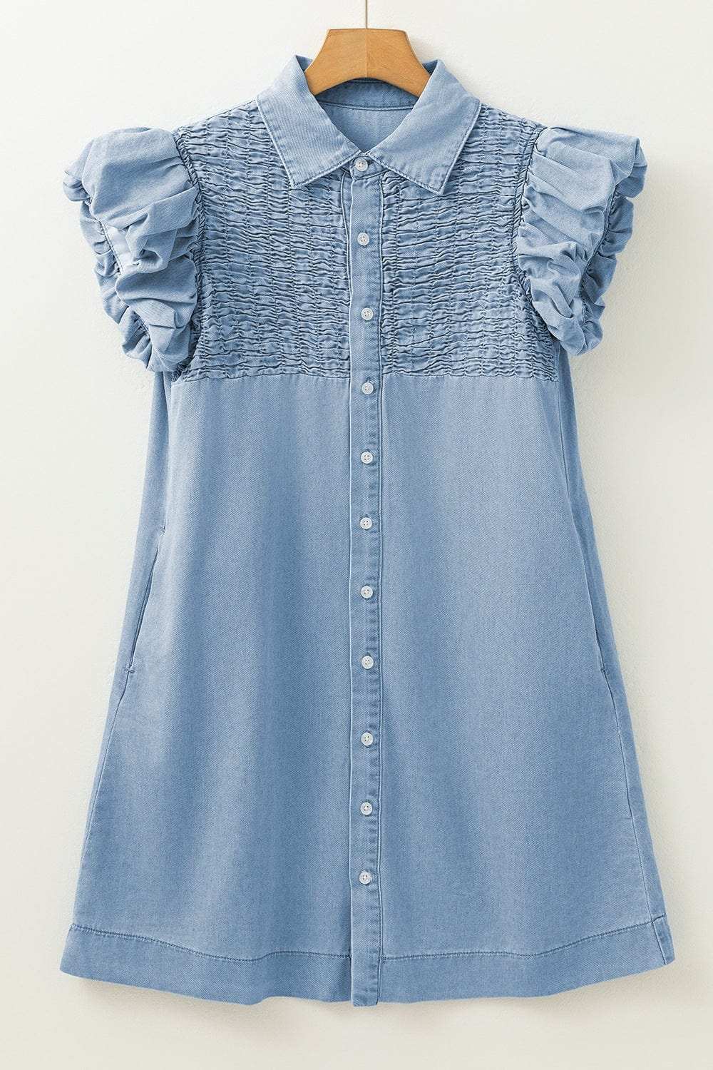 Smocked Collared Neck Cap Sleeve Denim Dress - Trendsi - Flyclothing LLC