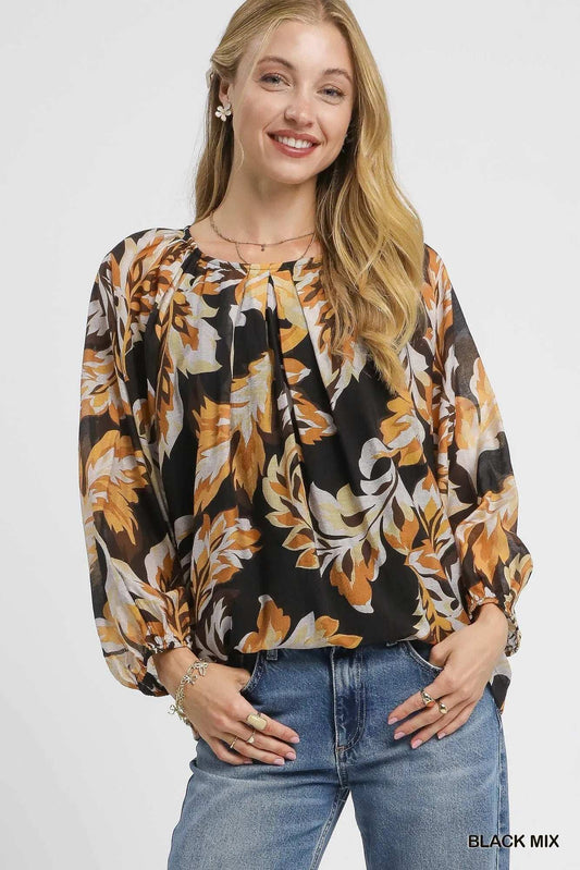 Umgee Autumn Leaf Print Balloon Sleeve Blouse - Trendsi - Flyclothing LLC