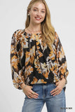 Umgee Autumn Leaf Print Balloon Sleeve Blouse - Trendsi - Flyclothing LLC