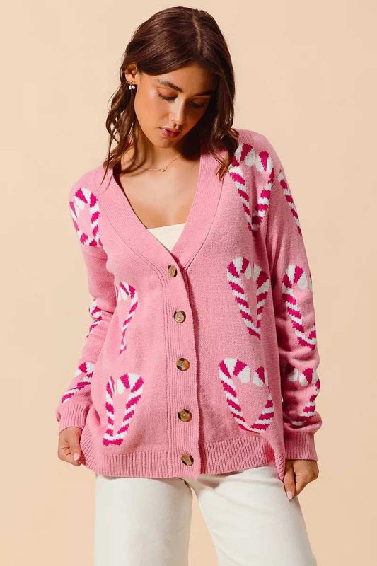 SO ME Christmas Candy Cane Button Front Sweater Cardigan - Trendsi - Flyclothing LLC
