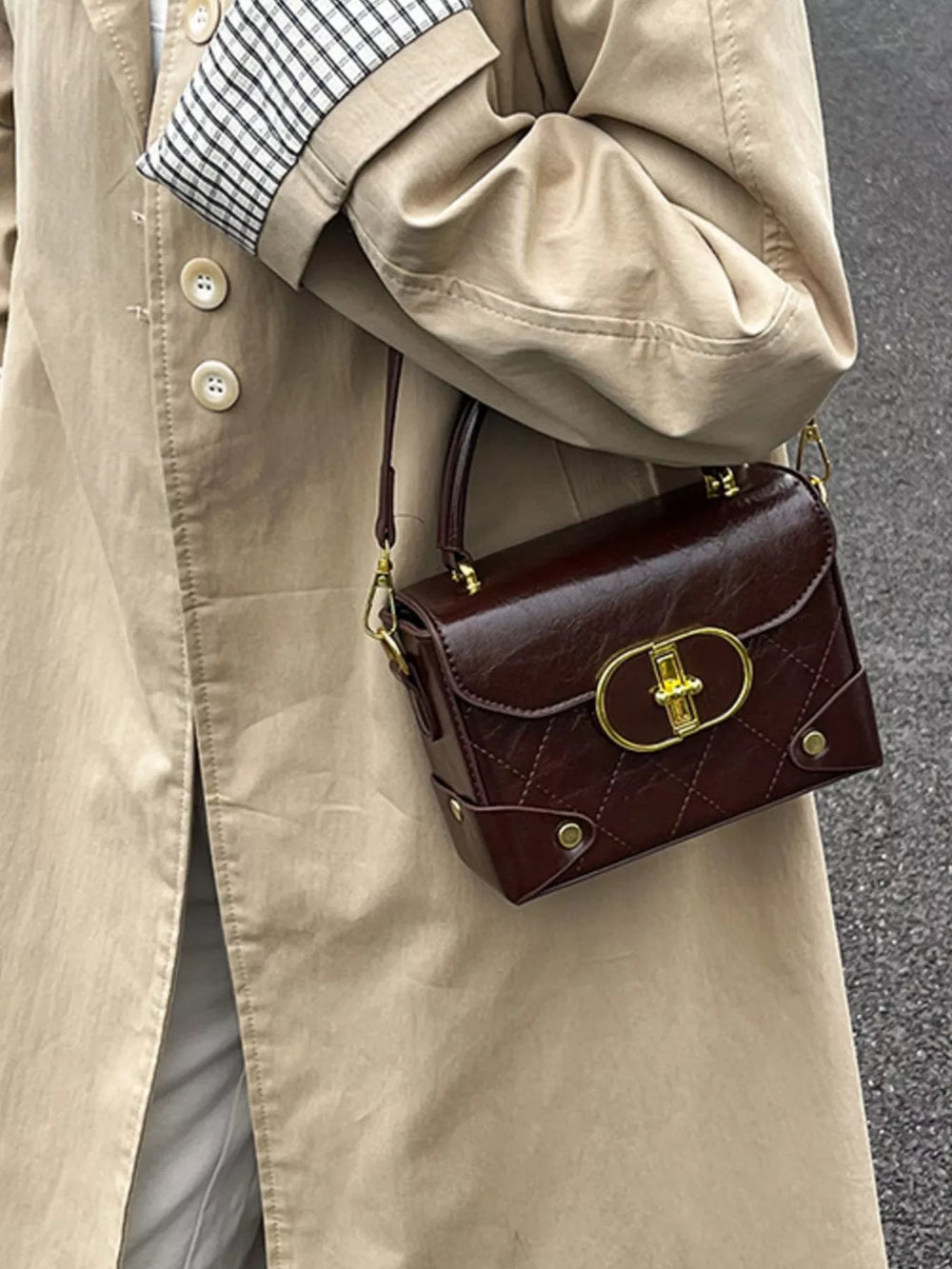 Quilted Pattern Top Handle Crossbody Bag - Trendsi - Flyclothing LLC