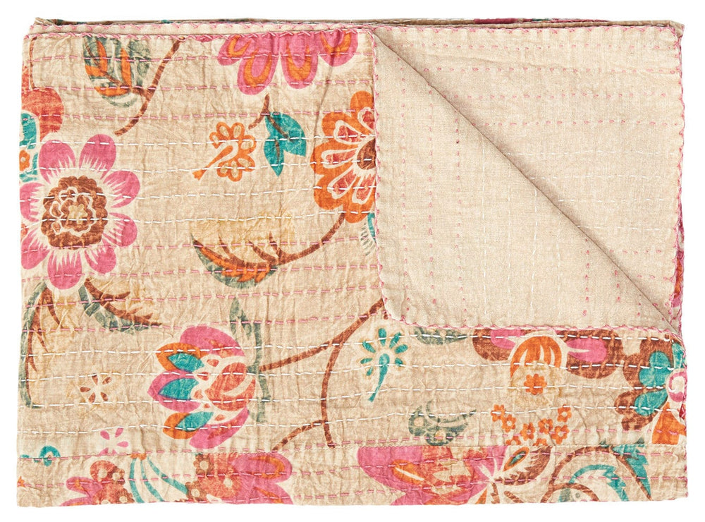 70" X 50" Beige Pink Orange and Green Kantha Cotton Floral Throw Blanket with Embroidery - Homeroots - Flyclothing LLC