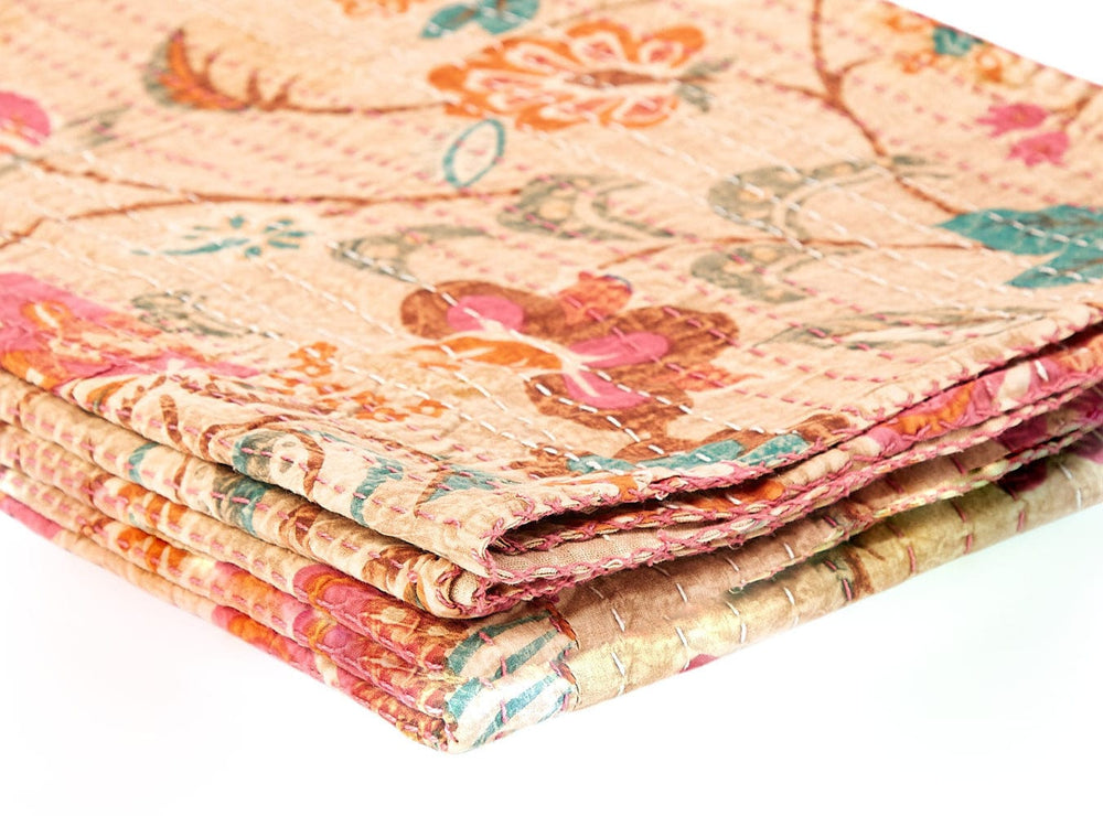70" X 50" Beige Pink Orange and Green Kantha Cotton Floral Throw Blanket with Embroidery - Homeroots - Flyclothing LLC