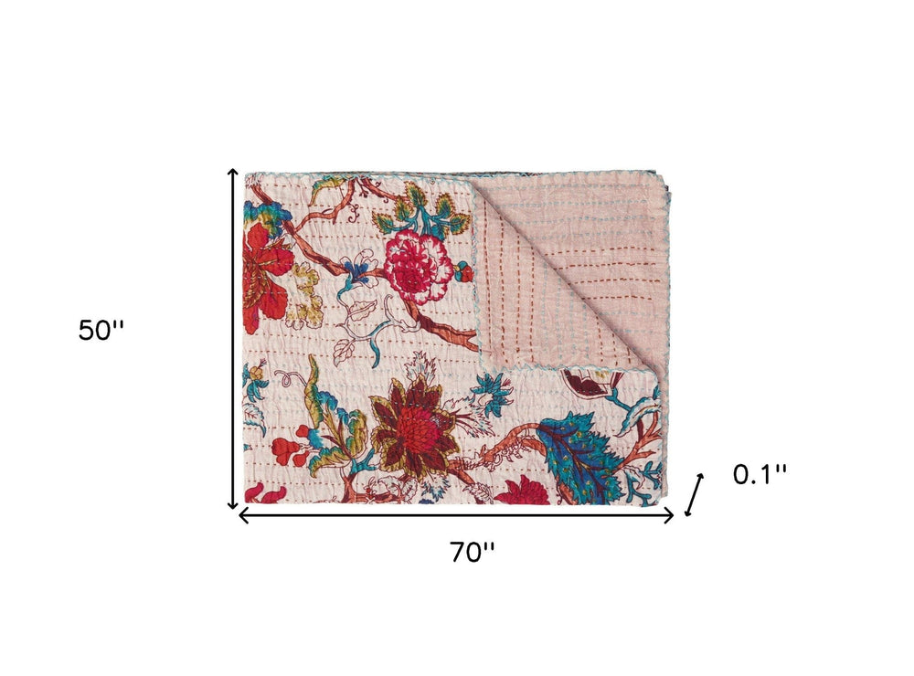 50" X 70" Pink and Red Kantha Cotton Floral Throw Blanket with Embroidery - Homeroots - Flyclothing LLC