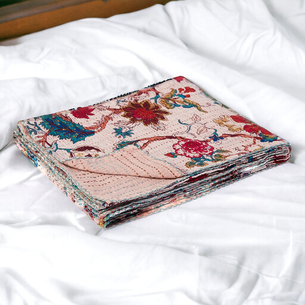 50" X 70" Pink and Red Kantha Cotton Floral Throw Blanket with Embroidery - Homeroots - Flyclothing LLC