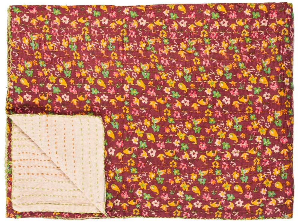 50" X 70" Maroon Yellow and Green Kantha Cotton Floral Throw Blanket with Embroidery - Homeroots - Flyclothing LLC
